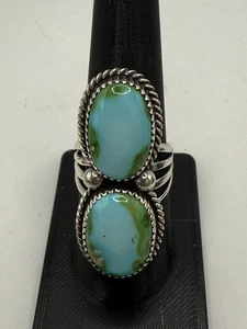 Two Stone Ring Blue Green Turquoise Sterling Avin Joe Navajo Sz8.75 R0015 - Picture 1 of 5
