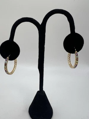 14K 金墨西哥多宝石环状耳环紫水晶石榴石橄榄黄水晶 3.7 克 — 第 1/4 张图片