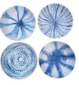 Melamine Large Salad Bowls 8" Max Studio Blue Watercolor Abstract Set Of 4 - Picture 1 of 5