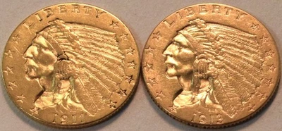 Lot (2) High Grade $2.50 Gold Indian Quarter Eagles 1911 1913 Better 2 1/2 Type - Image 1 of 4