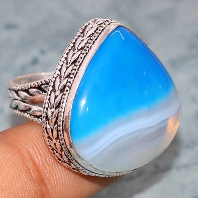 Anillo enchapado en plata 925 ágata azul vintage EE. UU. 10 joyería informal elegante JW Foto 1 de 3