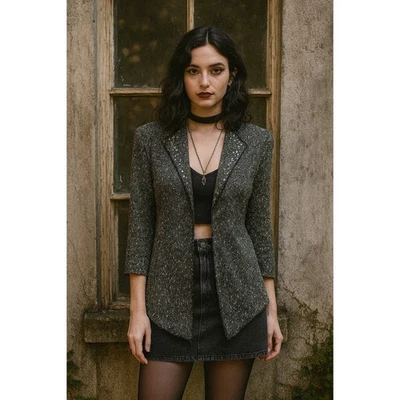 Chaqueta Tejida Whimsigoth Grunge Rocker S Negra Tweed Adornada Plateada Tachuela Indie Foto 1 de 4