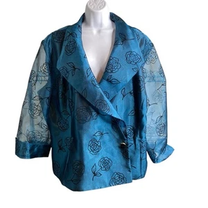 R&M Richards Women's Blue Sheer Floral Organza Evening Jacket Size 28W Formal - Picture 1 of 10