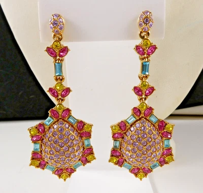 AKKAD Tutti Fruitti Pink Crystal Drop Dangle Earrings HSN Designer Signed - Image 1 of 4