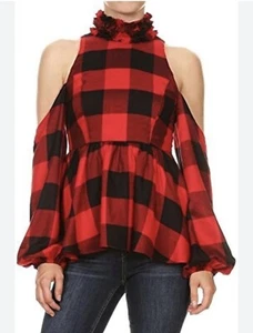 Va Va by Joy Han Buffalo Plaid, Fringe Neck, Open Shoulder Size M - Picture 1 of 13