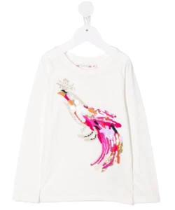 Bonpoint Girl's Long Sleeve Sequin Embellished T-shirt in Ivory/Paradise Bird - Picture 1 of 3