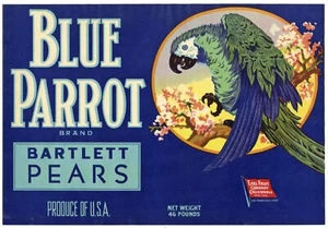 BLUE PARROT Vintage Pear Crate Label, **An Original Fruit Crate Label**, E45 - Picture 1 of 2