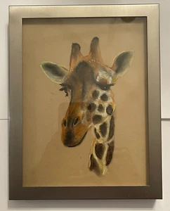 Vintage Pastel Crayon Artist Rendered Hand Drawn Giraffe Artwork Zoo Safari - Picture 1 of 7