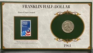 Medio dólar Franklin 1961 de plata de Estados Unidos con sello 8c 1972 Peace Corps - Imagen 1 de 7
