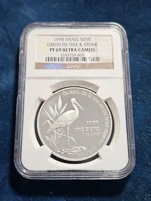 1998 ISRAEL SILVER 2 NEW SHEQALIM GREEN FIG TREE & STORK NGC PF 69 ULTRA CAMEO - Image 1 of 2