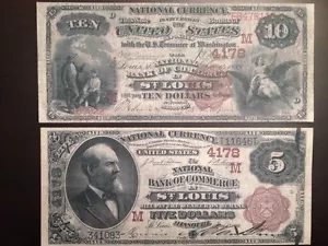 Reproduction Pair $5 & $10 Bills National Bank Note 1882 St Louis Brown Backs - Picture 1 of 12