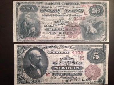 Reproduction Pair $5 & $10 Bills National Bank Note 1882 St Louis Brown Backs - Image 1 of 4