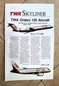 TWA SKYLINER 31 de diciembre de 1998 pedidos TWA 125 aviones A318 + 717 17 pulgadas x 11 pulgadas 16 páginas - Imagen 1 de 4