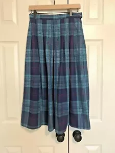 Vintage Tan Jay Nygard Plaid Wool Skirt Pleated Midi Blue Purple USA Size Small - Picture 1 of 11