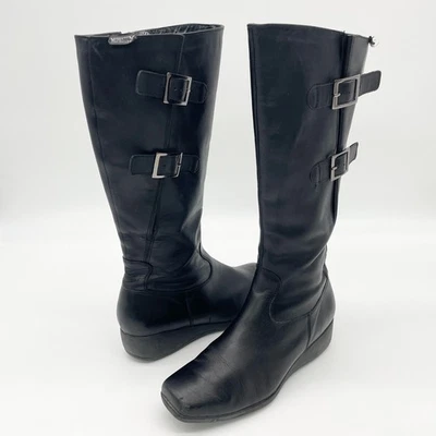 Botas Mephisto altas femininas 7 couro preto fivela zíper equitação conforto - Imagem 1 de 4