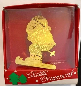 Vintage 2001 Skifahren Santa Weihnachtsschmuck - massiv gestanzt graviert Messing - 2 Schichten - Bild 1 von 12