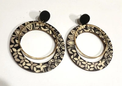 Boho Multi-Hoop Floral Wooden Dangle Earrings Black & Gold - 211 - Image 1 of 4