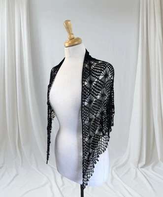 Black Embellished Beaded Crochet Shawl Scarf Wrap Fairy Whimsy Formal Party Glam - Image 1 of 4