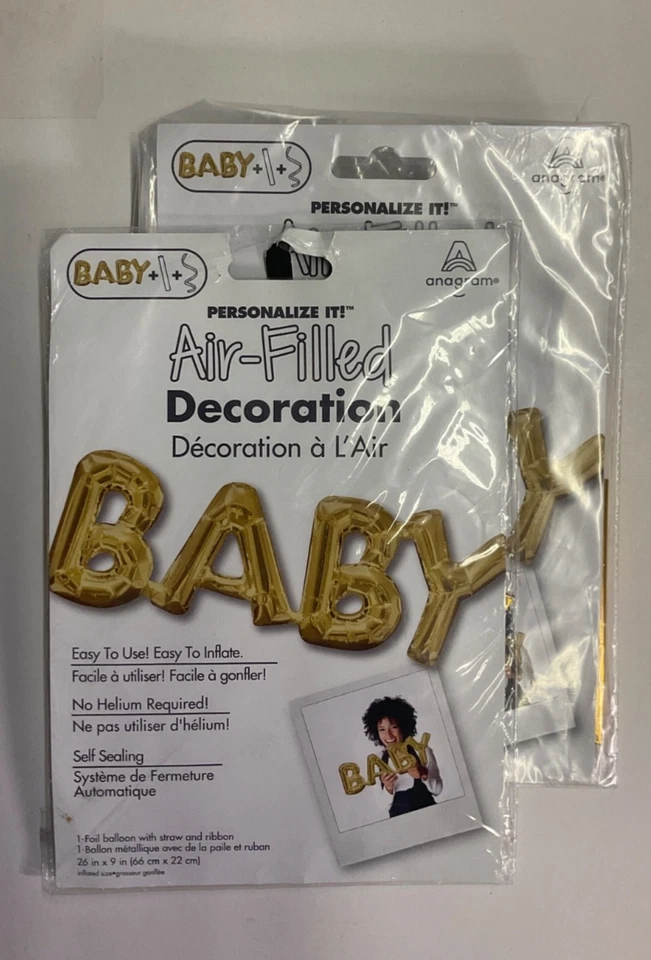 2 Anagram Air-Filled Decorations, BABY, Gold-colored, No Helium Required! New - Image 1 of 1