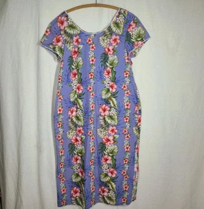 90s Hawaiian Dress Long Lilac 100% Cotton Hibiscus Print Plus Size USA Made  - Picture 1 of 10
