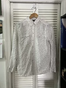 Eddie Bauer Womens Blouse Sz large White Navy Dots Button Up Wrinkle Cotton - Picture 1 of 12