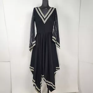 Vintage 1970s Disco Dress Black & White V-Neck Striped Trim Sheer Sleeves - Picture 1 of 13