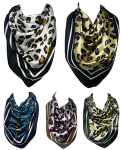 Selbst Geprägt Seide Gefühl Leopard Gepard Motiv Kopftuch Quadratisch Halstuch - Picture 1 of 11
