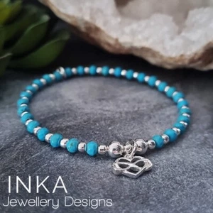 925 Sterling Silver Turquoise INFINITY HEART Stacker Stretch Bracelet by INKA - Picture 1 of 8