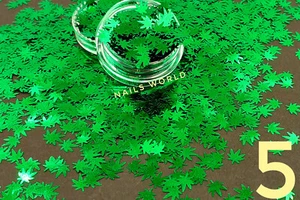 W5 Weed Leaf Glitter Nail Art Leaves Sequin Green Grass 3D Marijuana Manicure UK - Picture 1 of 2