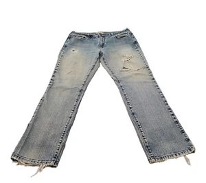Jean para mujer Levi's 505 12 cortos azules de altura media pierna recta deshilachada rasgado en apuros - Imagen 1 de 17