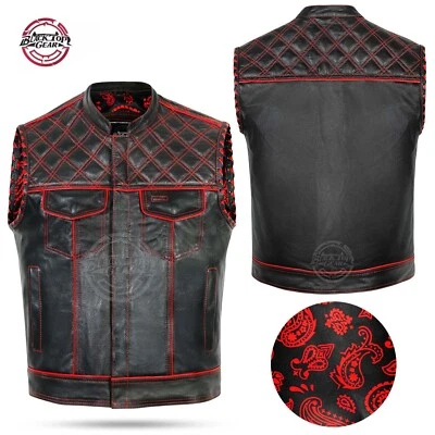 Мужской мотоциклетный жилет BlackTop® из бриллиантовой кожи скрытый красный мотоциклетный жилет - Изображение 1 из 4