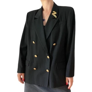 Blazer Retro Preppy De Colección Años 80 Negro 100% Lana Doble Pecho De Gran Tamaño Talla M - Imagen 1 de 9