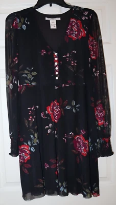 American Rag Women's Sz XL Black Joyful Floral V-Neck Center Front Ruffle Dress - Image 1 of 4