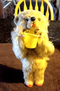 Old Windup Bear Drinking Out Of Bucket 9 1/2" Tall Made In Germany Working 1950s - Picture 1 of 5