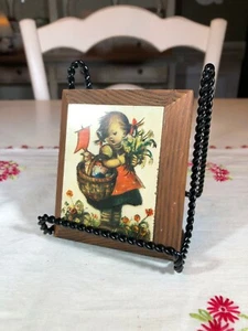 Vintage Wood Plaque Wall Art Hummel Goebel Girl with Basket and Flowers - Picture 1 of 7