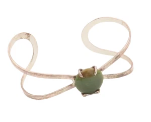 925 Sterling Silver Vintage Bracelet Cutout Cuff Cabochon Jade BT10586 - Picture 1 of 7