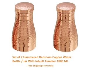 Set of 2 Hammered Bedroom Copper Water Bottle / Jar With Inbuilt Tumbler 1000 ML - Picture 1 of 8