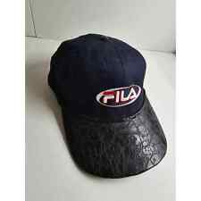 Vintage Fila Hat 90s Leather Brim Hiphop Navy Blue Spelled Out Logo Adjustable 