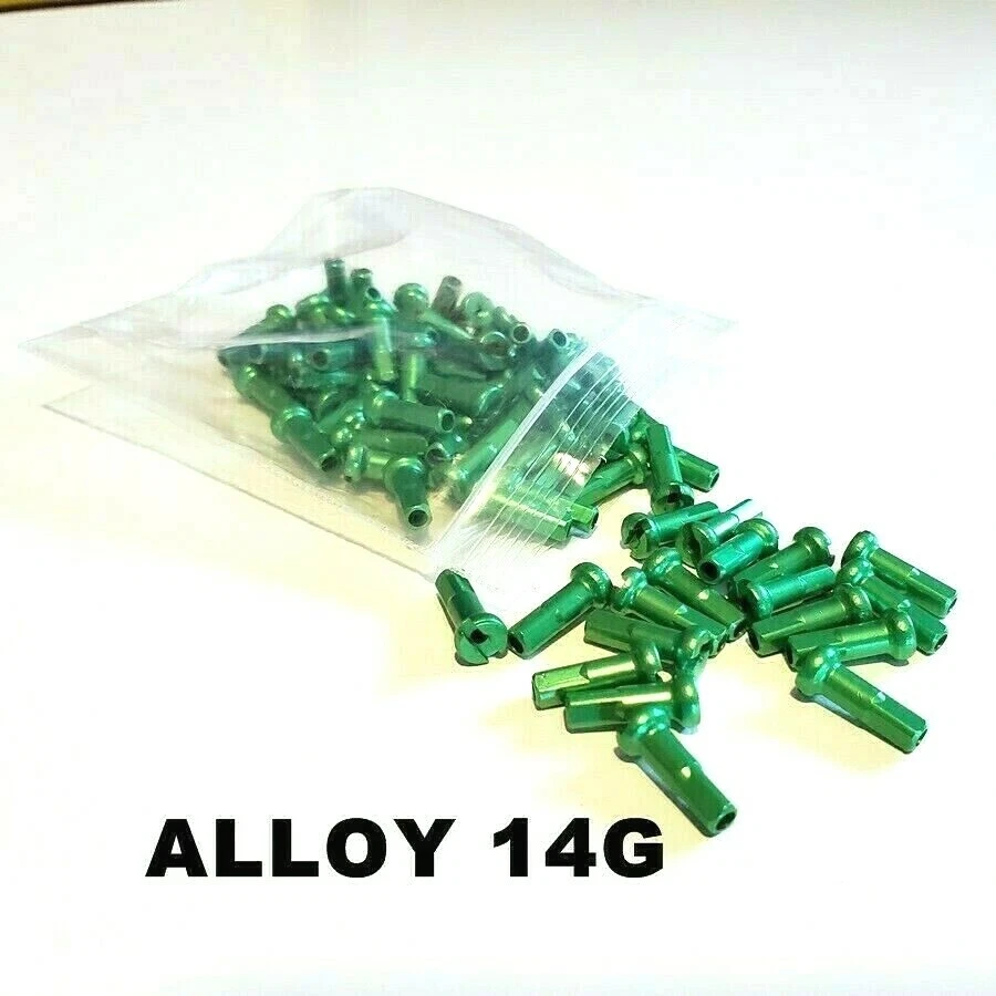 Boquillas de radios de bicicleta de aleación 14G (calibre) 2,0 mm 14 mm de largo 75 piezas.  VERDE 7075 Foto 1 de 1