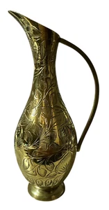 Vintage Etched Solid Brass Pitcher India Etched Floral Design MCM 6 in Tall - Picture 1 of 3