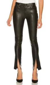 Hudson Pants Womens 26 Barbara Black Beauty Faux Leather Straight Ankle Slit - Picture 1 of 14