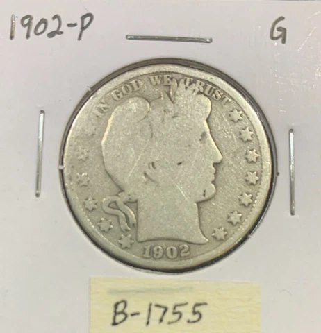 1902 P Barber Half Dollar (G) ~ 90% Silver ~ Brilliant U.S. Coin ~ B1755 Cover