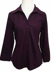 Ninety Womens Shirt M Stretch Maroon Striped Collared Buttons Up Long Sleeves - Picture 1 of 14