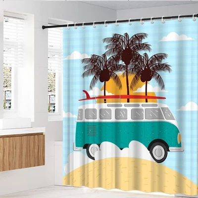 Cortina de Ducha Playa Tour Bus Tabla de Surf Palmera Decoración de Verano con Ganchos Foto 1 de 4