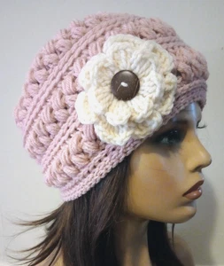 crochet womans handmade flower hat beanie pink light rose aran puffs - Picture 1 of 3