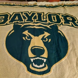 Baylor University Bears Throw Blanket Woven Cotton Green Gold Fringe Edges - Picture 1 of 8