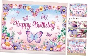 Purple Butterfly Happy Birthday Backdrop Banner Large Butterfly Birthday Party - Picture 1 of 8