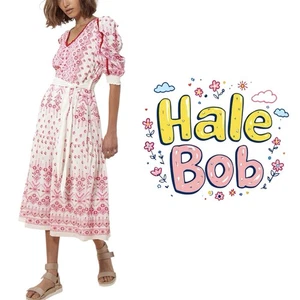 Hale Bob pink and white Logan Embroidered Midi Dress Size Medium - Picture 1 of 9