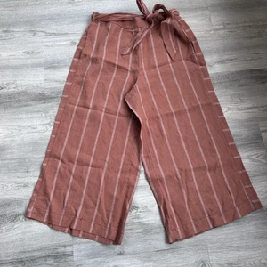 Anthropologie 100% Linen Wide Leg Pant Women Large Cropped Belted Striped Rust - Picture 1 of 10