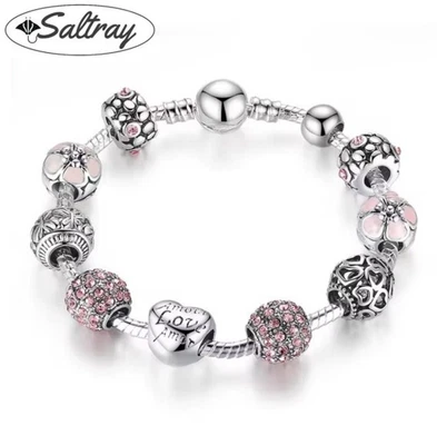 Snake Charm Bracelet 20cm 925 Sterling Silver Plated with 9 Heart Flower Charms - Image 1 of 4